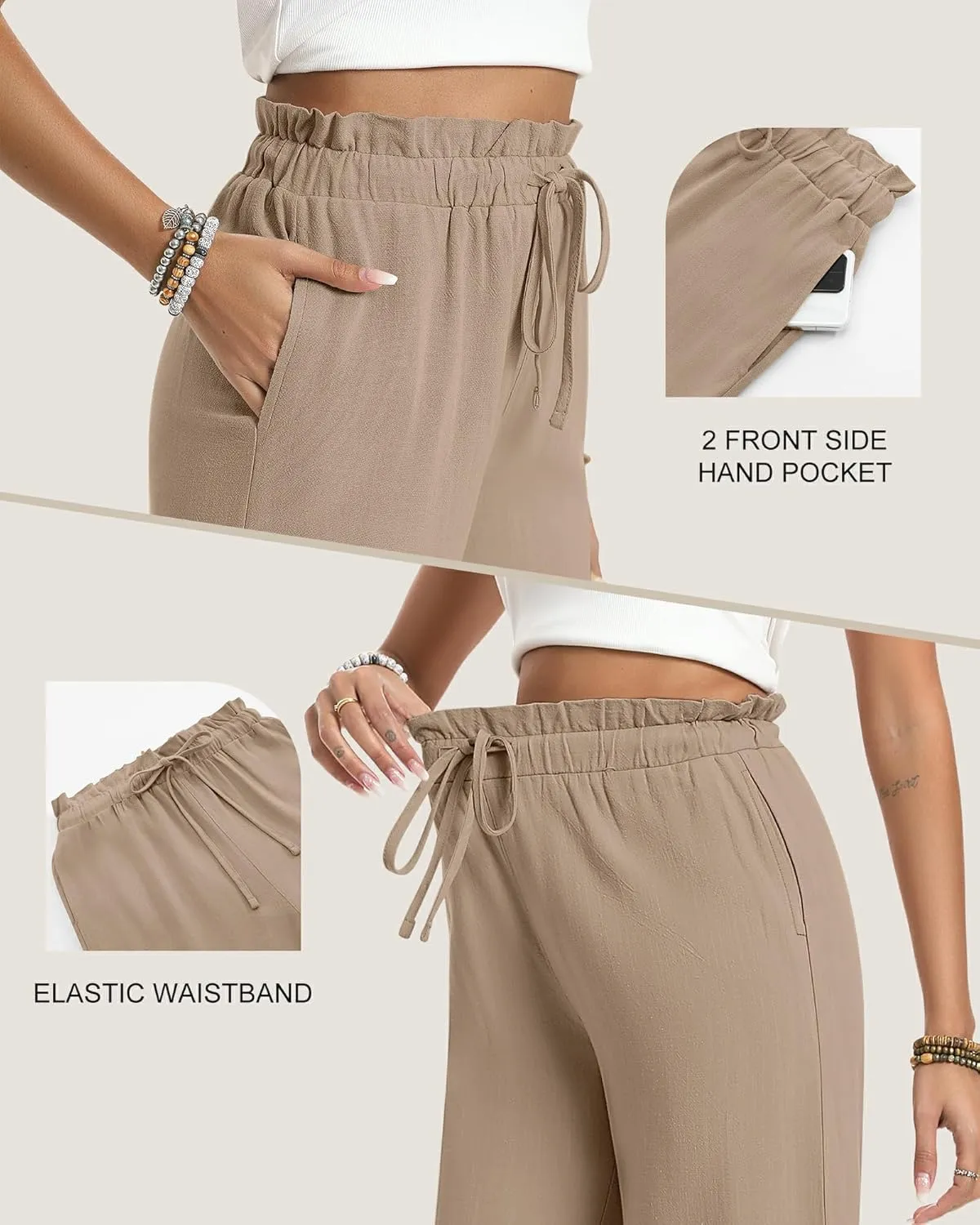 2 Pack Women's Linen Cotton Capri Pants Drawstring High Waisted Loose Wide Leg Casual Summer Trousers with Pockets