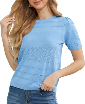 2024 Summer Women's Short Sleeve Kint Top Crew Neck Casual Ribbed Sweater Loose Textured Pullover Sweaters Tops