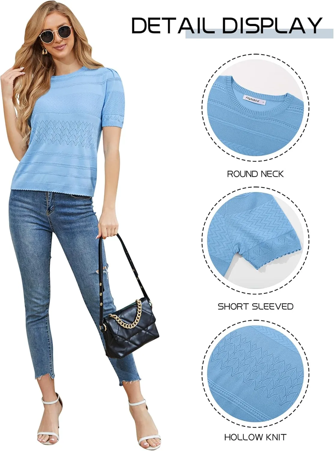 2024 Summer Women's Short Sleeve Kint Top Crew Neck Casual Ribbed Sweater Loose Textured Pullover Sweaters Tops