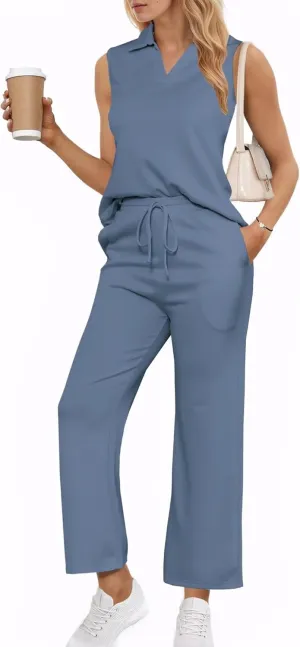 Adogirl 2 Piece Casual Pants Sets for Women Summer Two Piece Outfits Sleeveless Vacation Tank Tops Wide Leg Capri Pants
