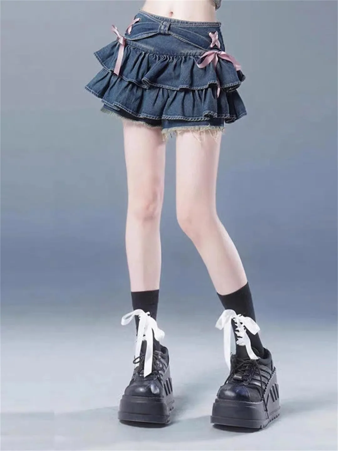Aesthetic Denim Pleated Skirt Bow Lace Up Ruffles Cake Mini Skirts Women Kawaii Short Skirt