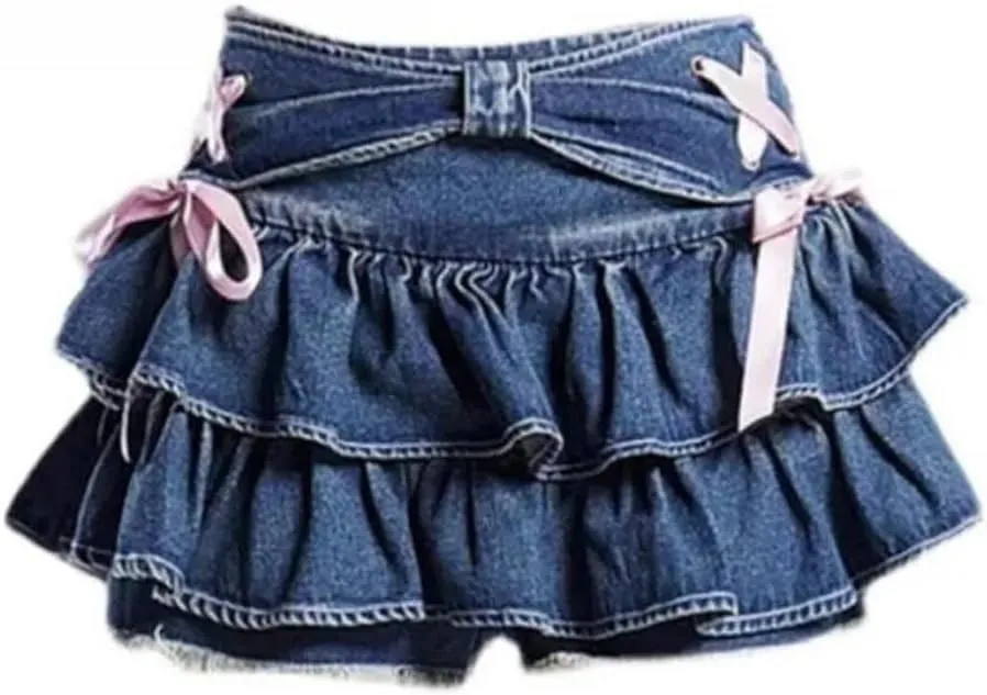 Aesthetic Denim Pleated Skirt Bow Lace Up Ruffles Cake Mini Skirts Women Kawaii Short Skirt