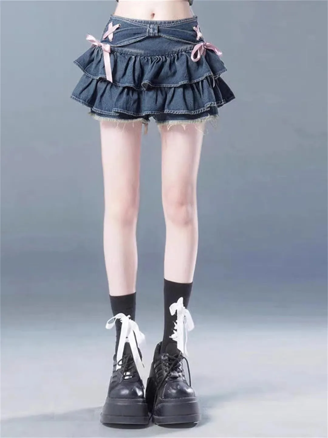 Aesthetic Denim Pleated Skirt Bow Lace Up Ruffles Cake Mini Skirts Women Kawaii Short Skirt