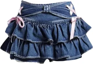 Aesthetic Denim Pleated Skirt Bow Lace Up Ruffles Cake Mini Skirts Women Kawaii Short Skirt