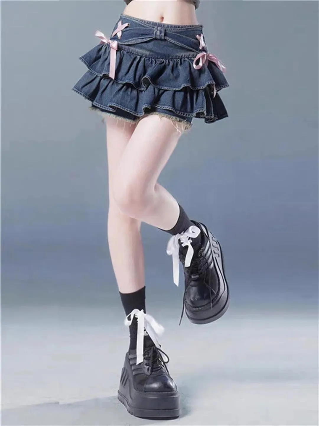 Aesthetic Denim Pleated Skirt Bow Lace Up Ruffles Cake Mini Skirts Women Kawaii Short Skirt