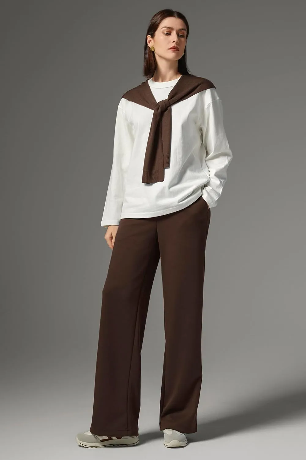 AFITNE Womens Wide Leg Work Pants High Waist Pull On Dress Pants Elastic Waistband Casual Slacks with Thick Fabric