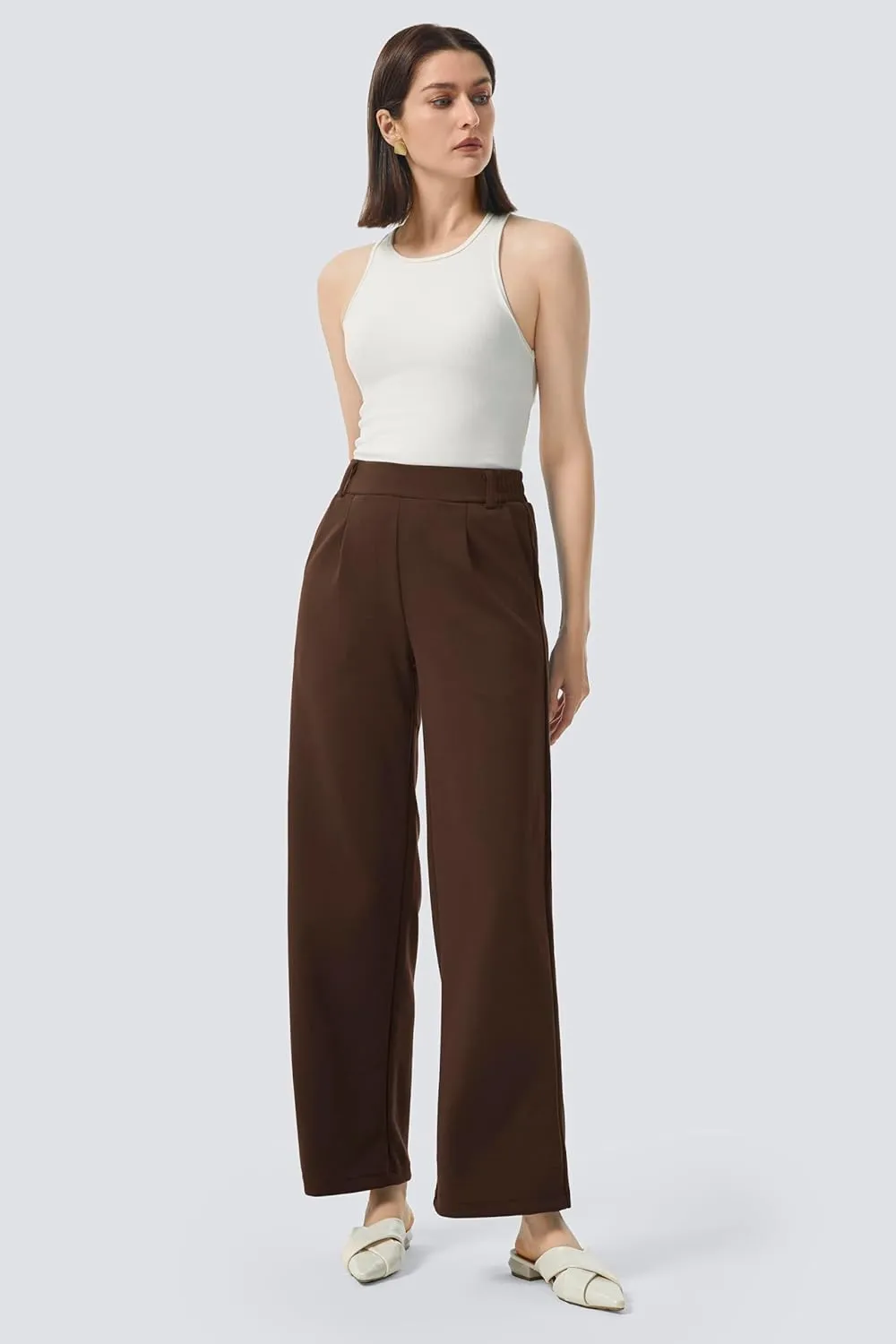 AFITNE Womens Wide Leg Work Pants High Waist Pull On Dress Pants Elastic Waistband Casual Slacks with Thick Fabric