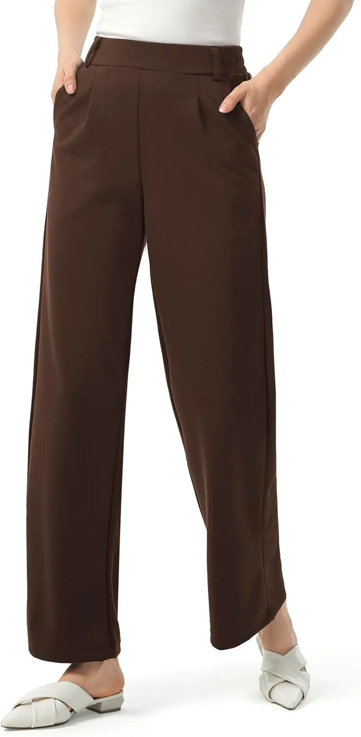 AFITNE Womens Wide Leg Work Pants High Waist Pull On Dress Pants Elastic Waistband Casual Slacks with Thick Fabric