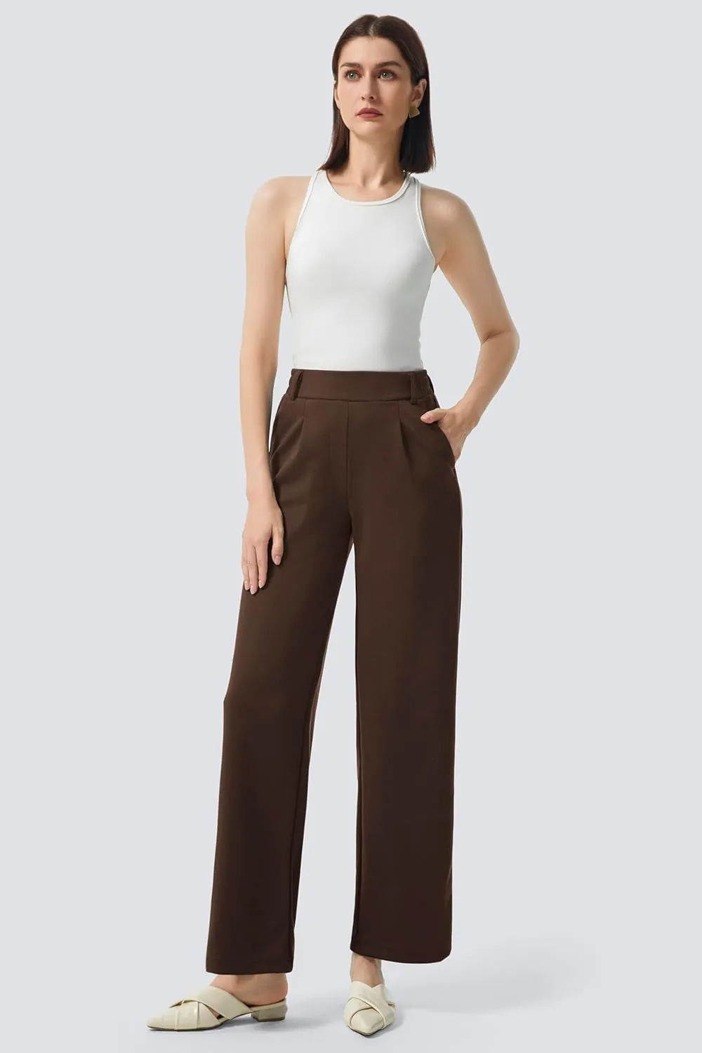 AFITNE Womens Wide Leg Work Pants High Waist Pull On Dress Pants Elastic Waistband Casual Slacks with Thick Fabric