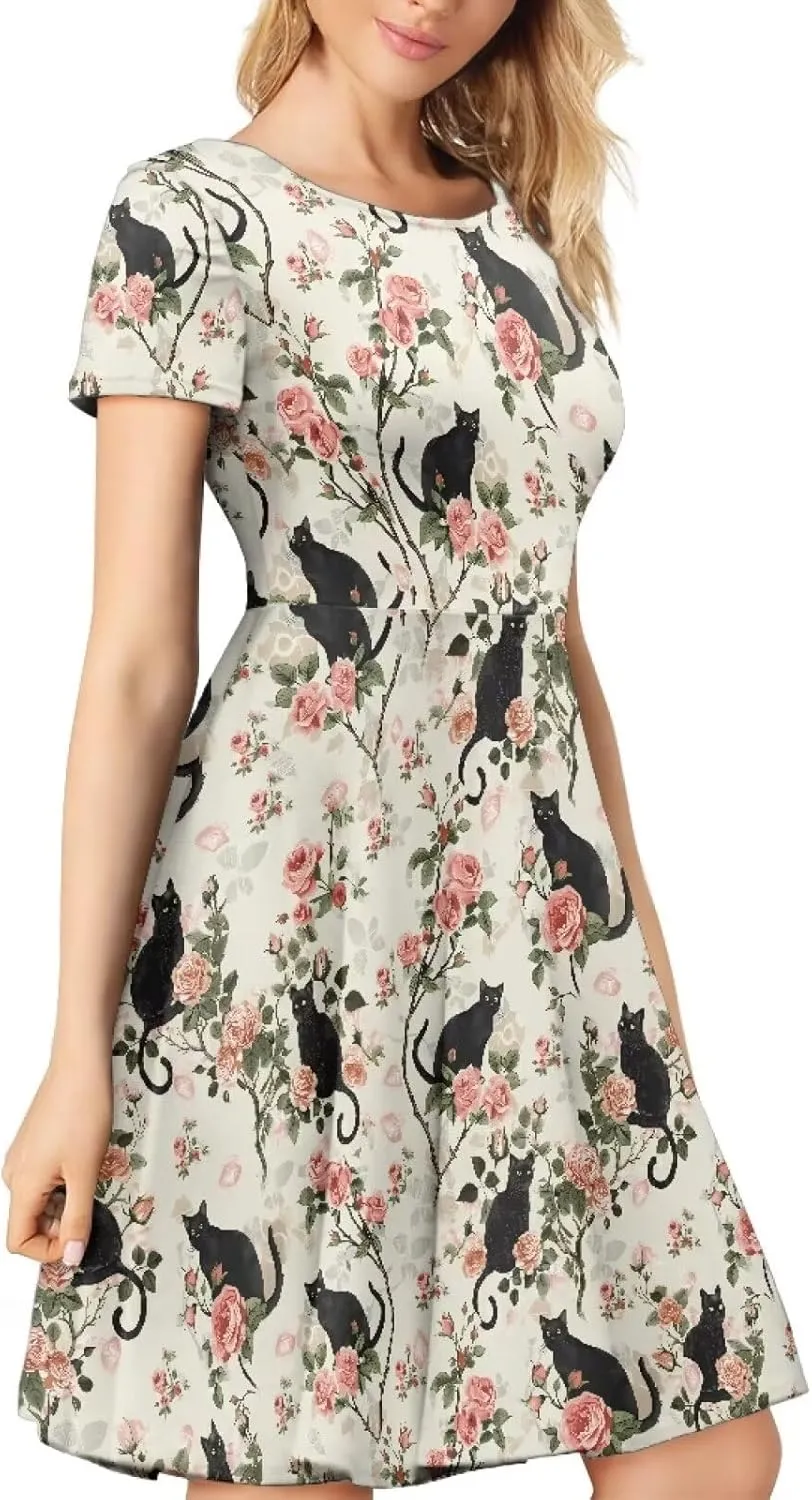 AFPANQZ Womens Casual Summer Lightweight Vintage Dress Short Sleeve Midi Dress Knee-Long Luxury Formal Dress