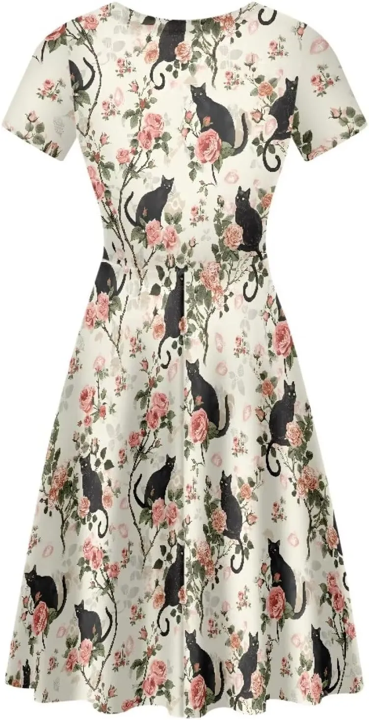 AFPANQZ Womens Casual Summer Lightweight Vintage Dress Short Sleeve Midi Dress Knee-Long Luxury Formal Dress