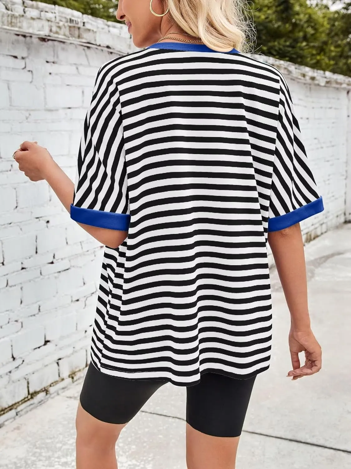 Ahtyeo Women's Oversized T Shirts Striped Loose Fit Short Sleeve Crewneck Summer Tops Casual Basic Tee 2025 Shirts