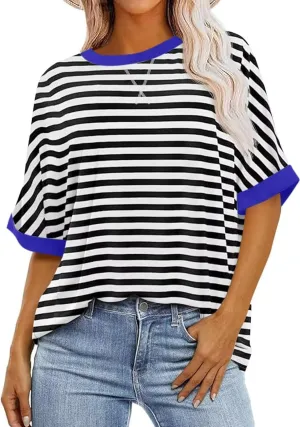 Ahtyeo Women's Oversized T Shirts Striped Loose Fit Short Sleeve Crewneck Summer Tops Casual Basic Tee 2025 Shirts