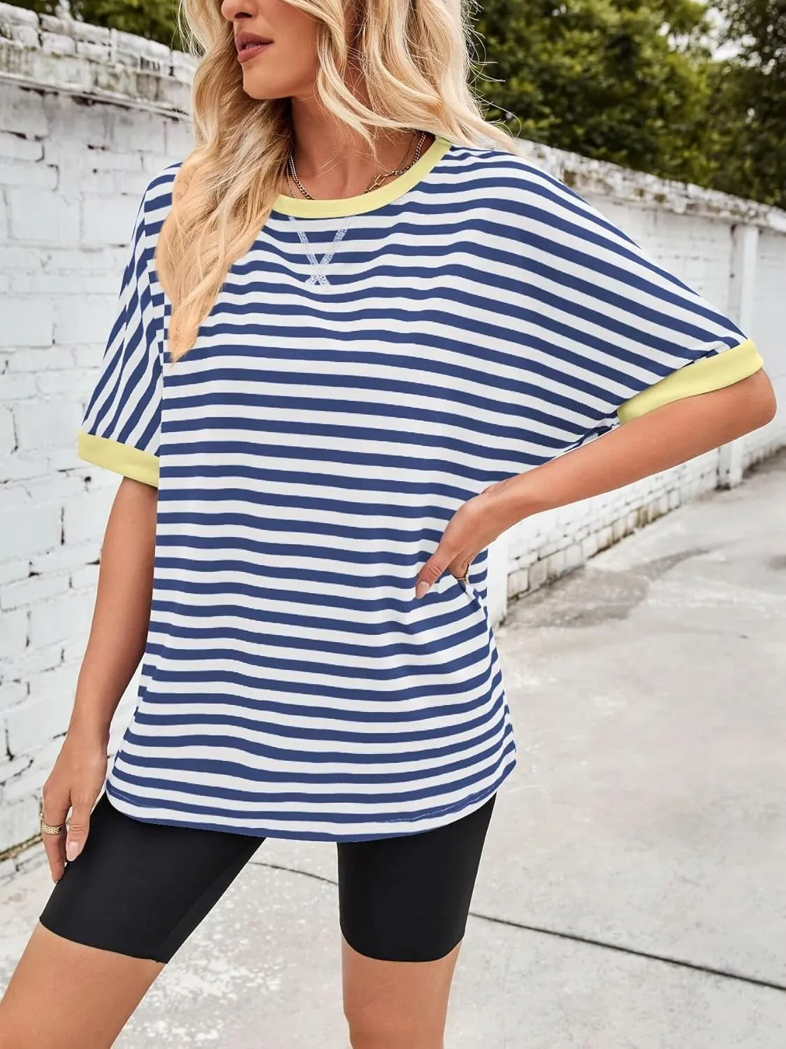 Ahtyeo Women's Oversized T Shirts Striped Loose Fit Short Sleeve Crewneck Summer Tops Casual Basic Tee 2025 Shirts