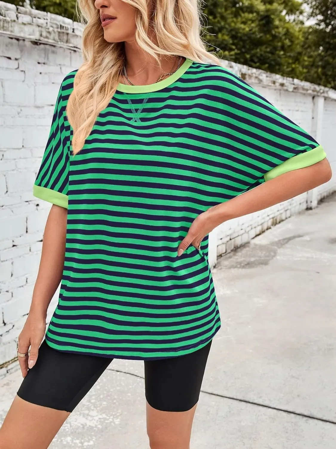 Ahtyeo Women's Oversized T Shirts Striped Loose Fit Short Sleeve Crewneck Summer Tops Casual Basic Tee 2025 Shirts
