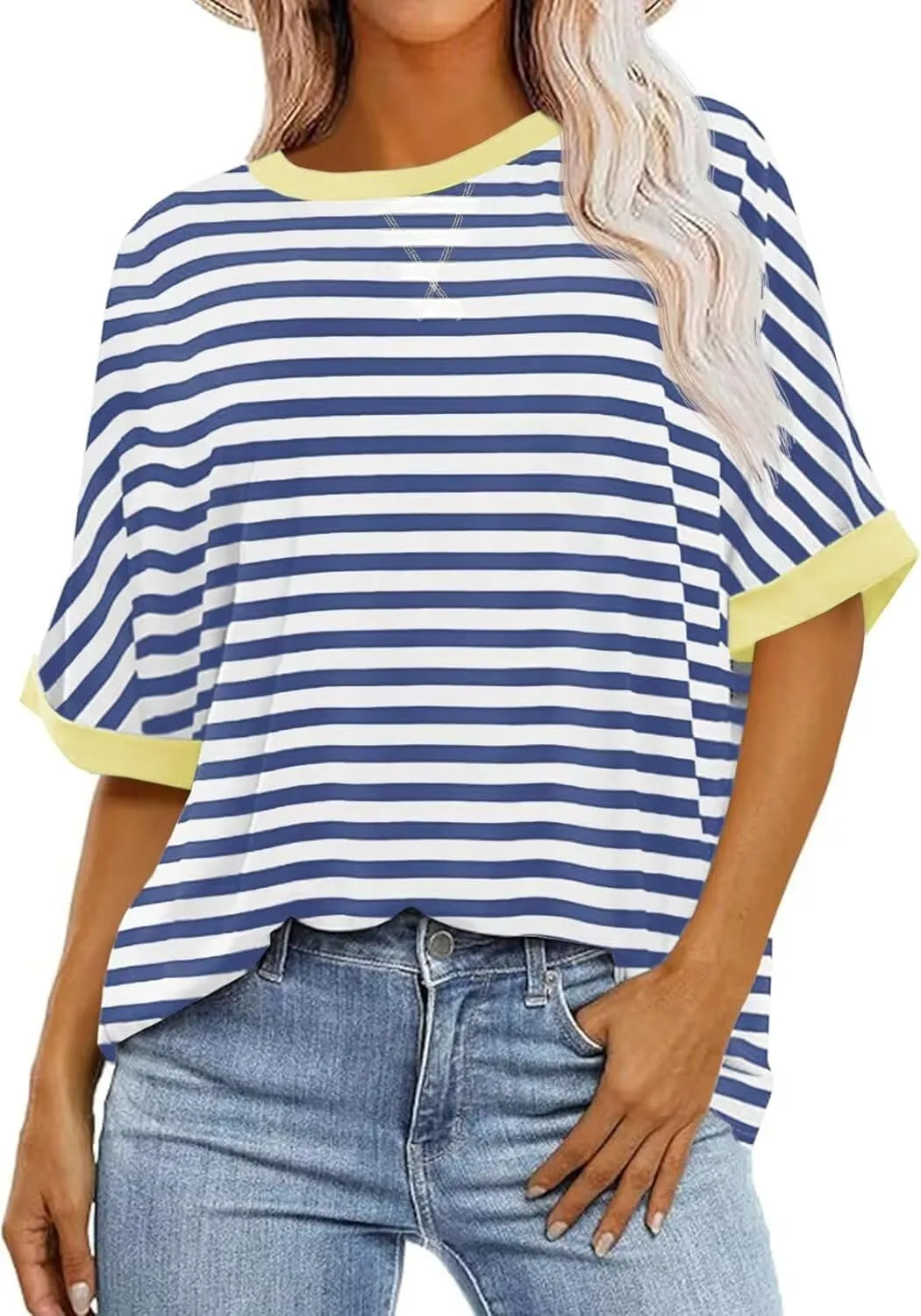 Ahtyeo Women's Oversized T Shirts Striped Loose Fit Short Sleeve Crewneck Summer Tops Casual Basic Tee 2025 Shirts