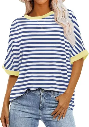Ahtyeo Women's Oversized T Shirts Striped Loose Fit Short Sleeve Crewneck Summer Tops Casual Basic Tee 2025 Shirts
