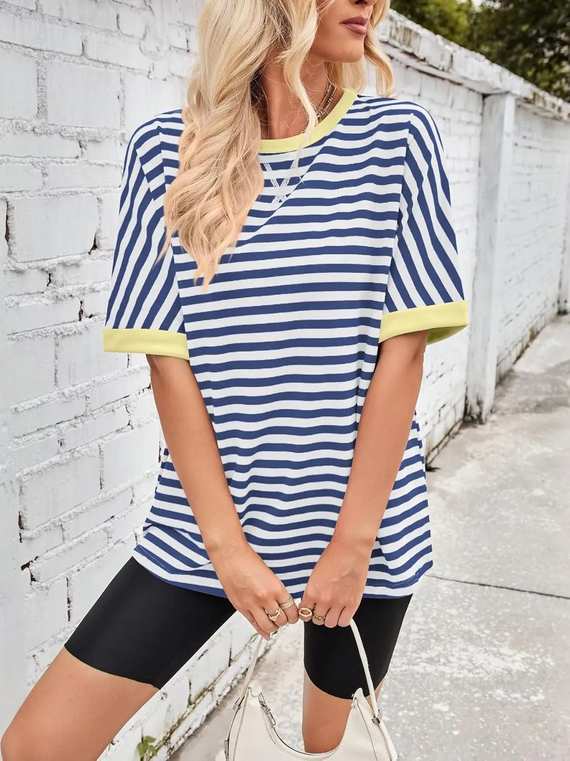 Ahtyeo Women's Oversized T Shirts Striped Loose Fit Short Sleeve Crewneck Summer Tops Casual Basic Tee 2025 Shirts
