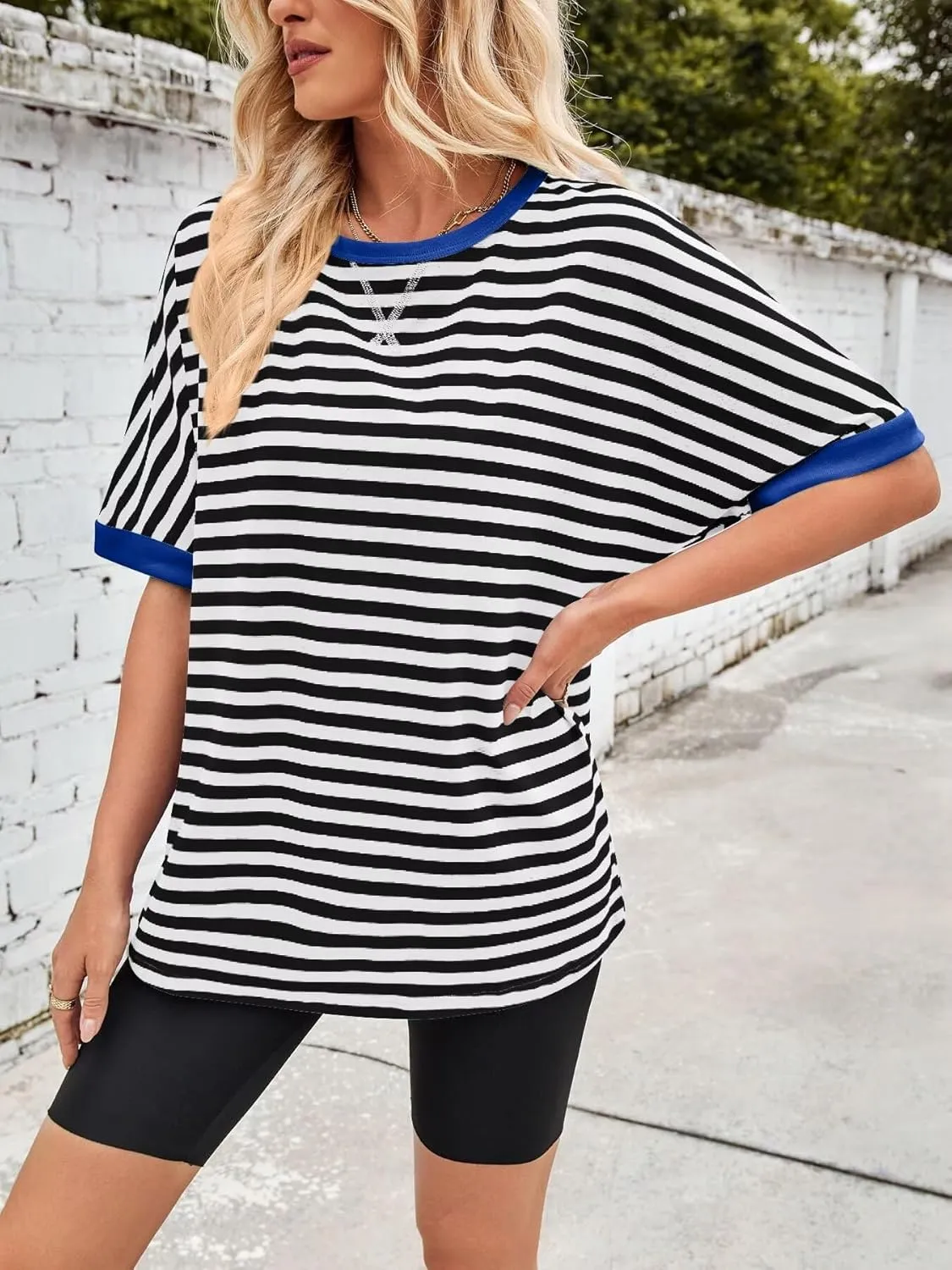 Ahtyeo Women's Oversized T Shirts Striped Loose Fit Short Sleeve Crewneck Summer Tops Casual Basic Tee 2025 Shirts