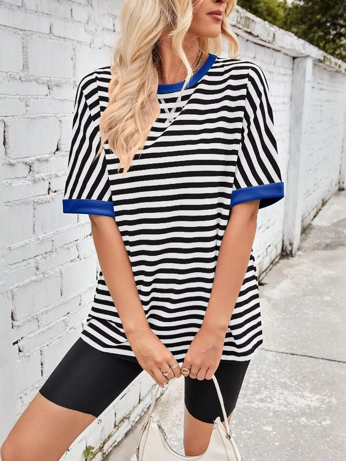 Ahtyeo Women's Oversized T Shirts Striped Loose Fit Short Sleeve Crewneck Summer Tops Casual Basic Tee 2025 Shirts