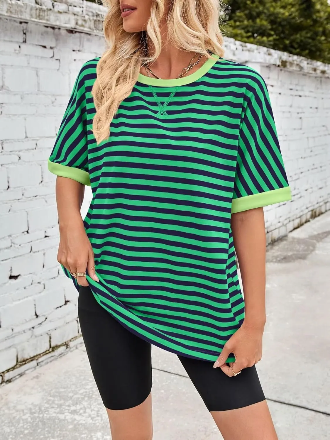 Ahtyeo Women's Oversized T Shirts Striped Loose Fit Short Sleeve Crewneck Summer Tops Casual Basic Tee 2025 Shirts