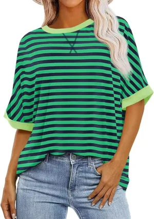 Ahtyeo Women's Oversized T Shirts Striped Loose Fit Short Sleeve Crewneck Summer Tops Casual Basic Tee 2025 Shirts