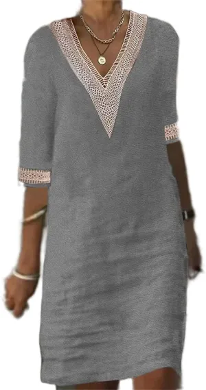 Akivide Women's Summer Cotton Linen V Neck Half Sleeve Mini Dress Casual Loose Plus Size Beach Vacation Tunic Dress