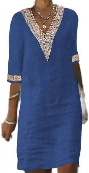 Akivide Women's Summer Cotton Linen V Neck Half Sleeve Mini Dress Casual Loose Plus Size Beach Vacation Tunic Dress