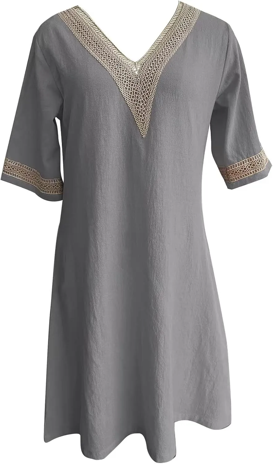Akivide Women's Summer Cotton Linen V Neck Half Sleeve Mini Dress Casual Loose Plus Size Beach Vacation Tunic Dress