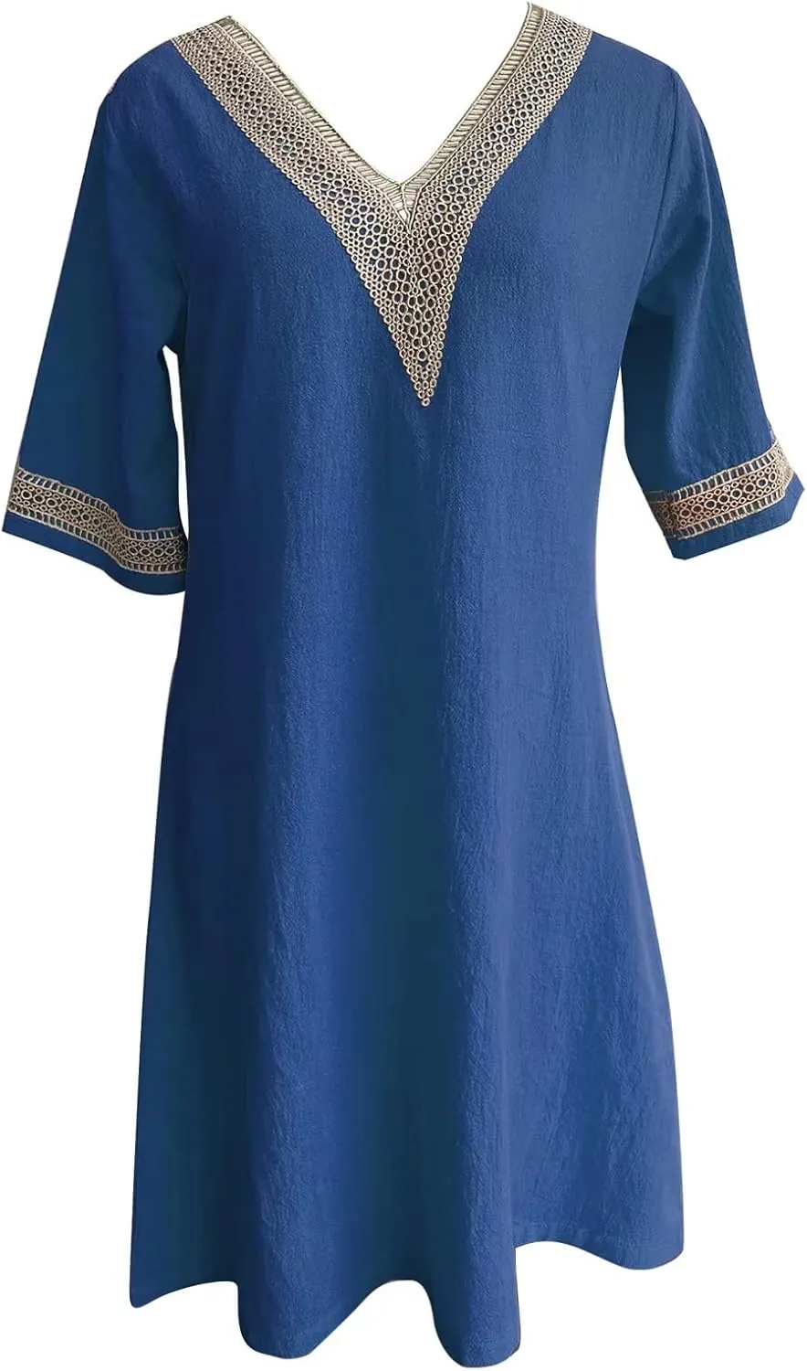 Akivide Women's Summer Cotton Linen V Neck Half Sleeve Mini Dress Casual Loose Plus Size Beach Vacation Tunic Dress