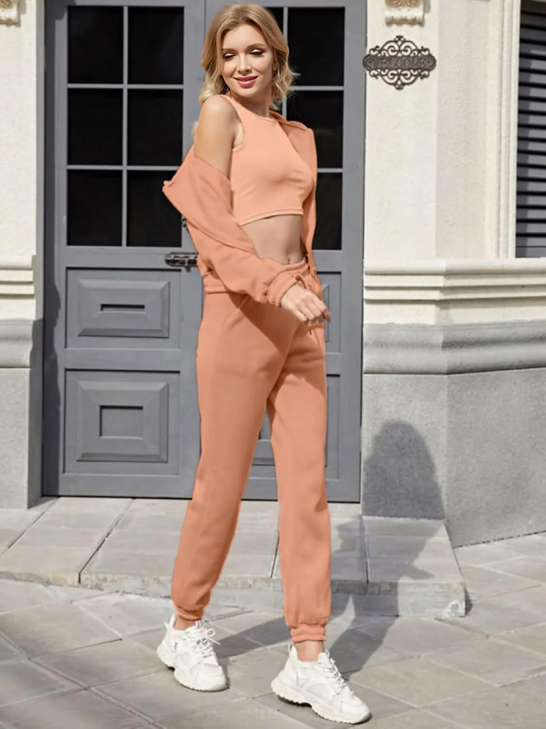 Akmipoem Sweatsuits for Women Set 3 Piece Outfits Zip Up Hoodie Sweatshirt Crop Tank Top Jogger Sweatpants Tracksuit