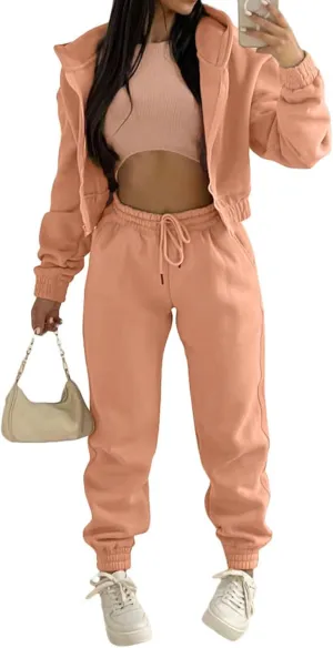 Akmipoem Sweatsuits for Women Set 3 Piece Outfits Zip Up Hoodie Sweatshirt Crop Tank Top Jogger Sweatpants Tracksuit