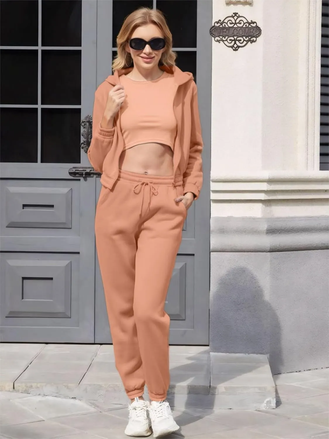 Akmipoem Sweatsuits for Women Set 3 Piece Outfits Zip Up Hoodie Sweatshirt Crop Tank Top Jogger Sweatpants Tracksuit
