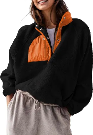 AMEBELLE Womens Lightweight Fleece Pullover Jacket Cropped Fall Winter Fuzzy Sherpa Jacket Sweatshirt Coat with Pockets(2616-Black-XL)
