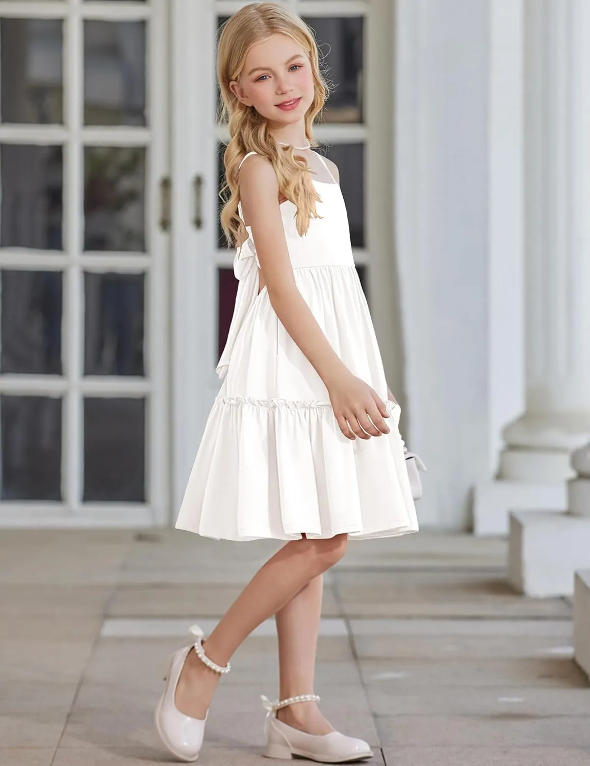 Arshiner Girls Tie Back Dress Spaghetti Strap Ruffle Hem Casual Summer Beach Sundress with Pockets