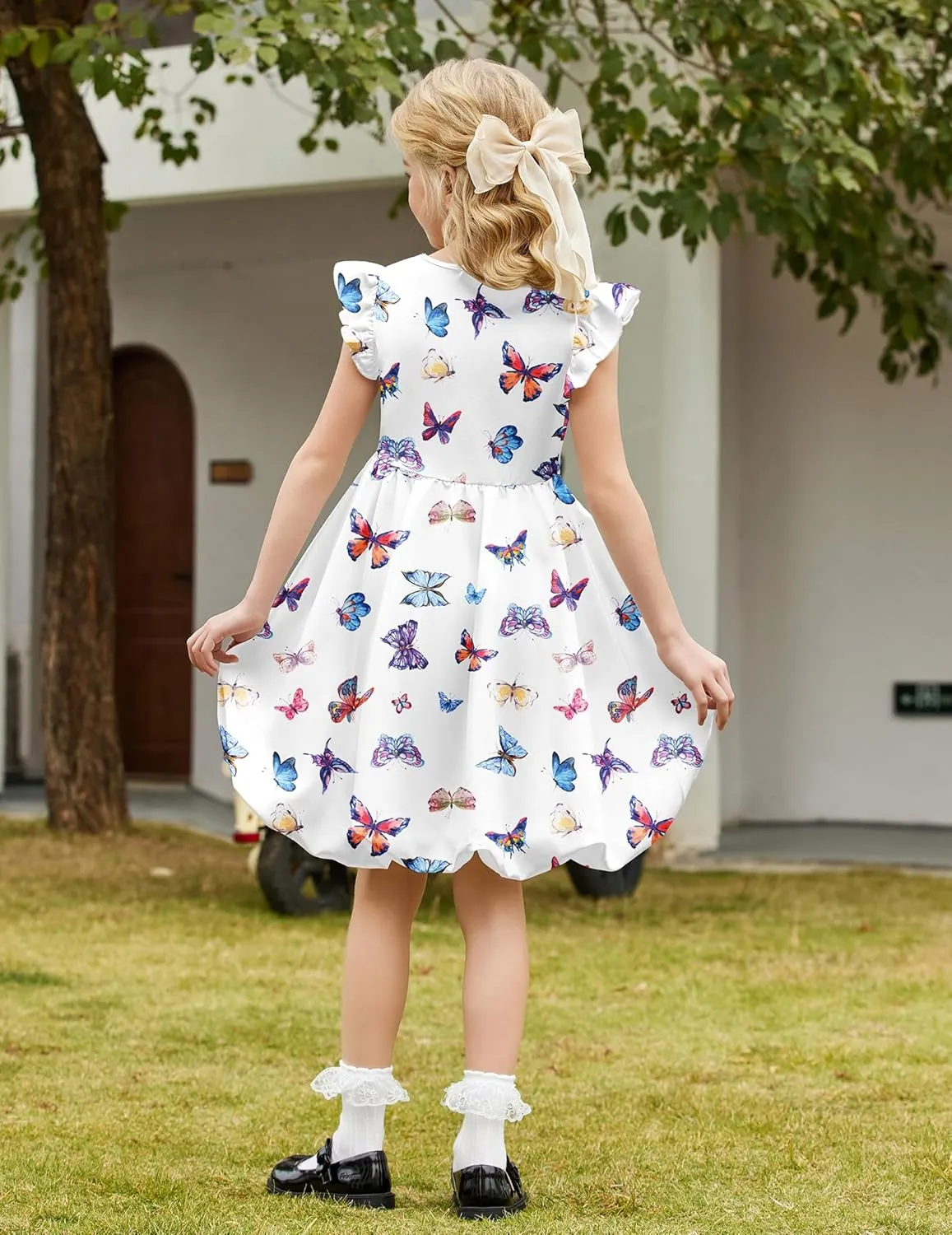 Arshiner Tween Girls Summer Bubble Dress Ruffle Sleeve Casual Party Midi Dresses