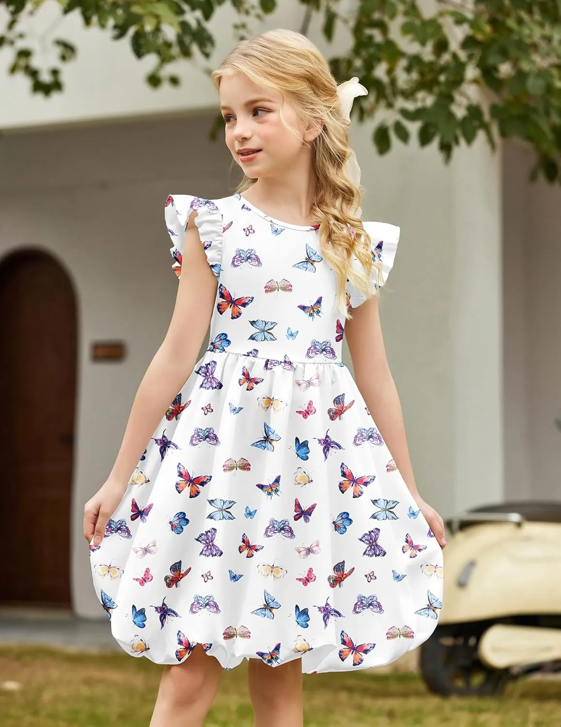 Arshiner Tween Girls Summer Bubble Dress Ruffle Sleeve Casual Party Midi Dresses