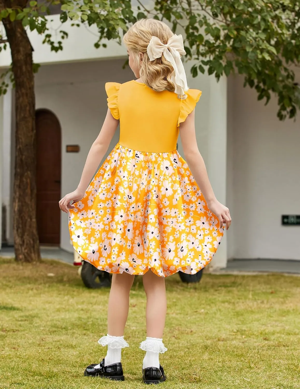 Arshiner Tween Girls Summer Bubble Dress Ruffle Sleeve Casual Party Midi Dresses