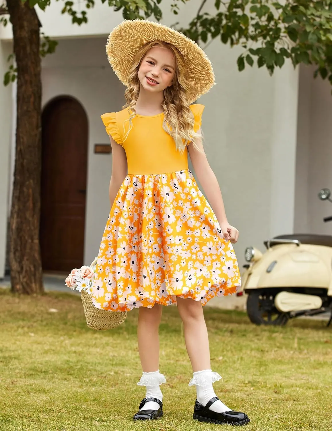 Arshiner Tween Girls Summer Bubble Dress Ruffle Sleeve Casual Party Midi Dresses