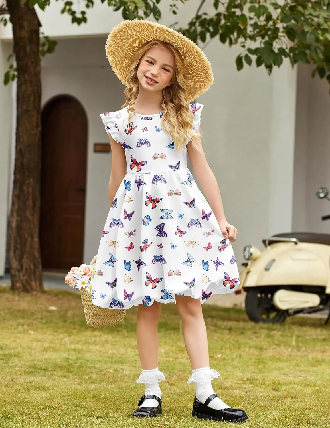 Arshiner Tween Girls Summer Bubble Dress Ruffle Sleeve Casual Party Midi Dresses