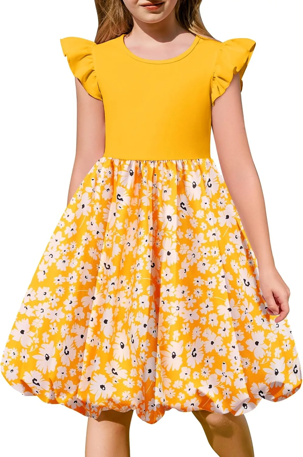 Arshiner Tween Girls Summer Bubble Dress Ruffle Sleeve Casual Party Midi Dresses