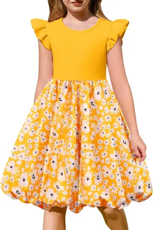 Arshiner Tween Girls Summer Bubble Dress Ruffle Sleeve Casual Party Midi Dresses