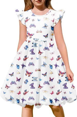 Arshiner Tween Girls Summer Bubble Dress Ruffle Sleeve Casual Party Midi Dresses
