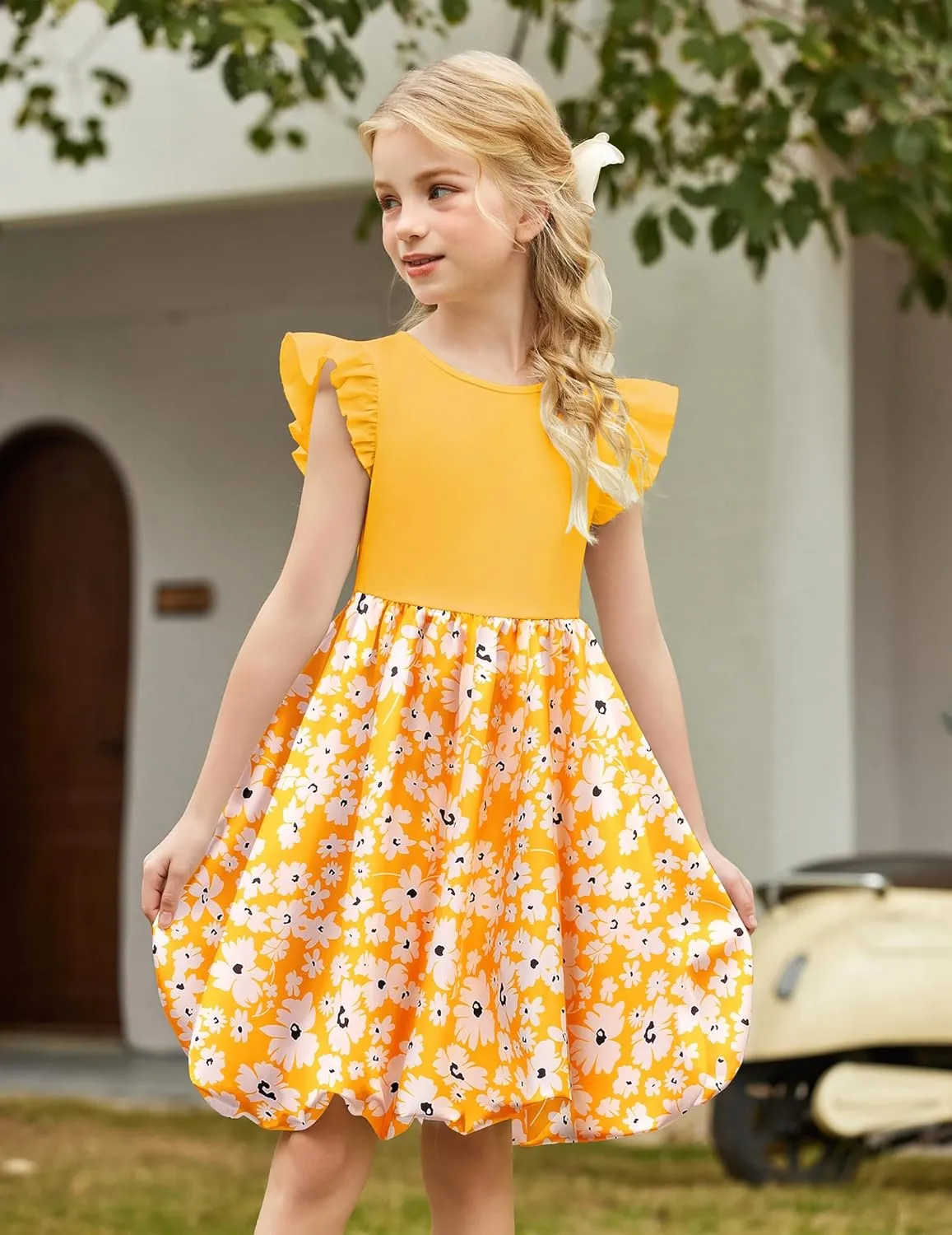 Arshiner Tween Girls Summer Bubble Dress Ruffle Sleeve Casual Party Midi Dresses