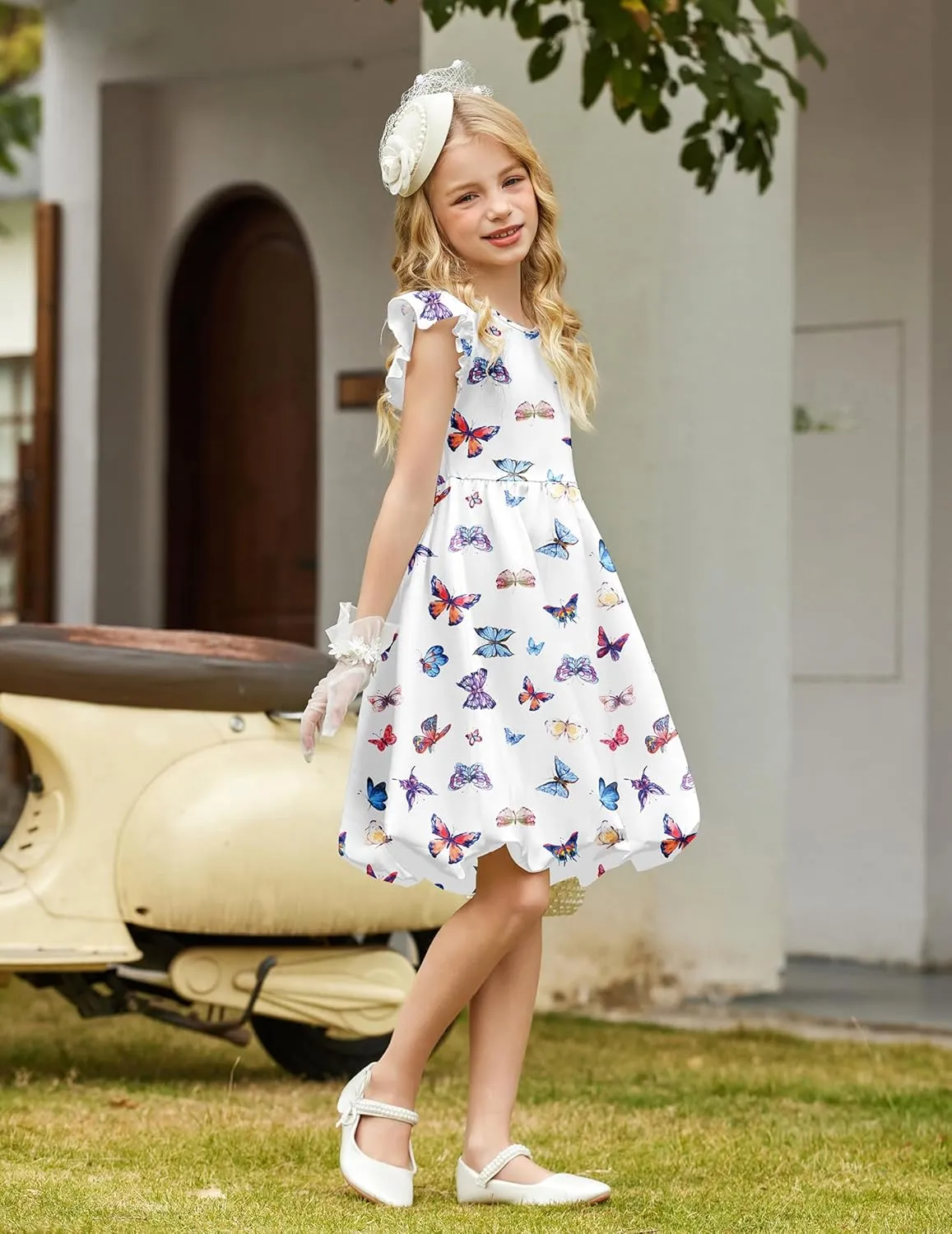Arshiner Tween Girls Summer Bubble Dress Ruffle Sleeve Casual Party Midi Dresses