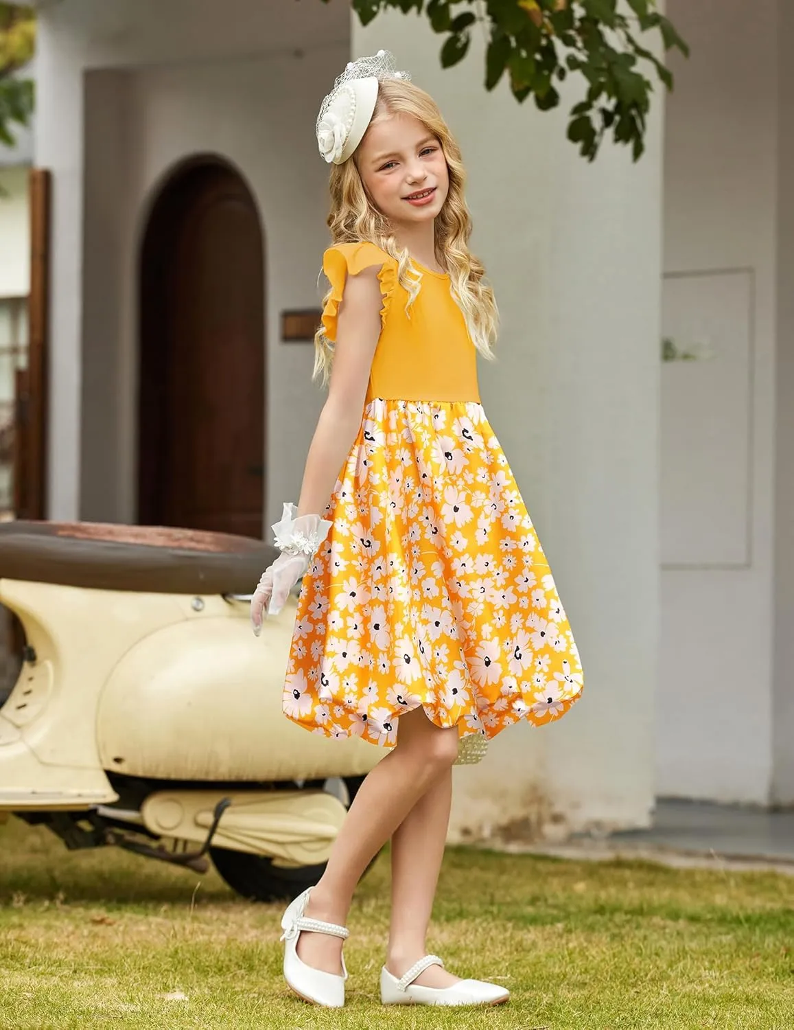 Arshiner Tween Girls Summer Bubble Dress Ruffle Sleeve Casual Party Midi Dresses