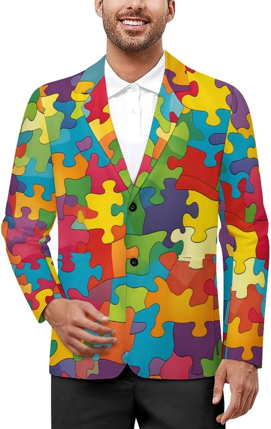 Autism Puzzled Men's Fashion Slim Fit Casual Print Button Suit Jacket Notched Lapel Blazer