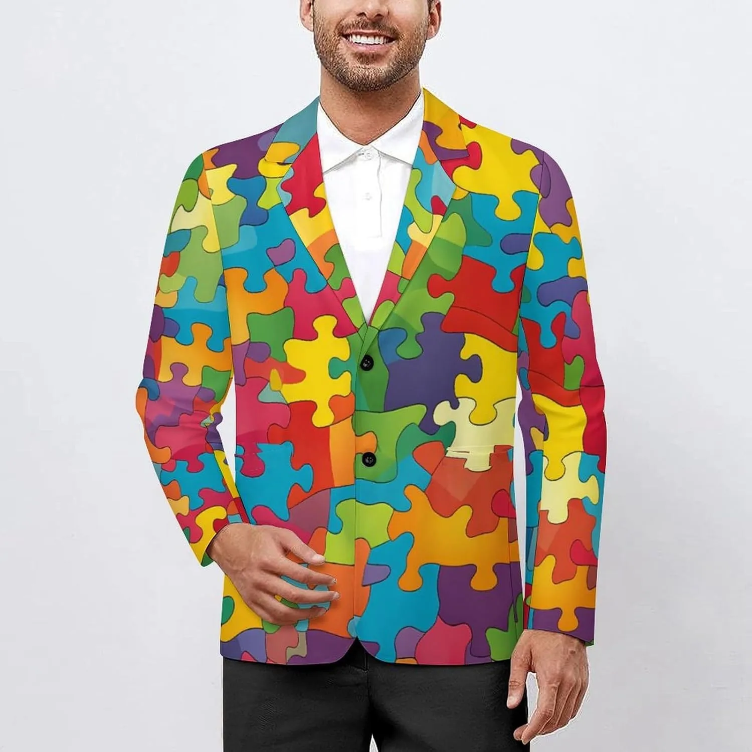 Autism Puzzled Men's Fashion Slim Fit Casual Print Button Suit Jacket Notched Lapel Blazer