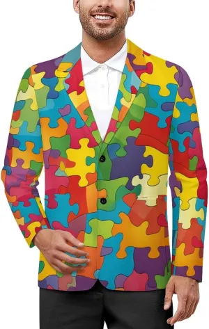 Autism Puzzled Men's Fashion Slim Fit Casual Print Button Suit Jacket Notched Lapel Blazer