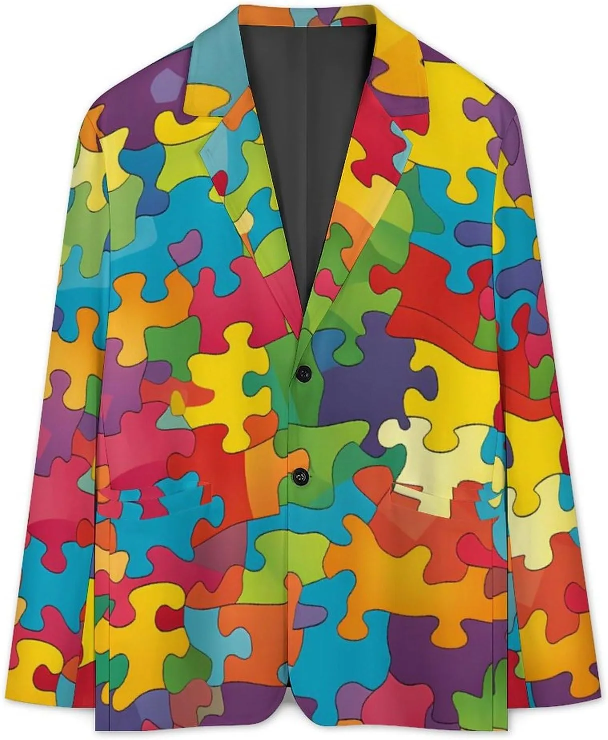 Autism Puzzled Men's Fashion Slim Fit Casual Print Button Suit Jacket Notched Lapel Blazer